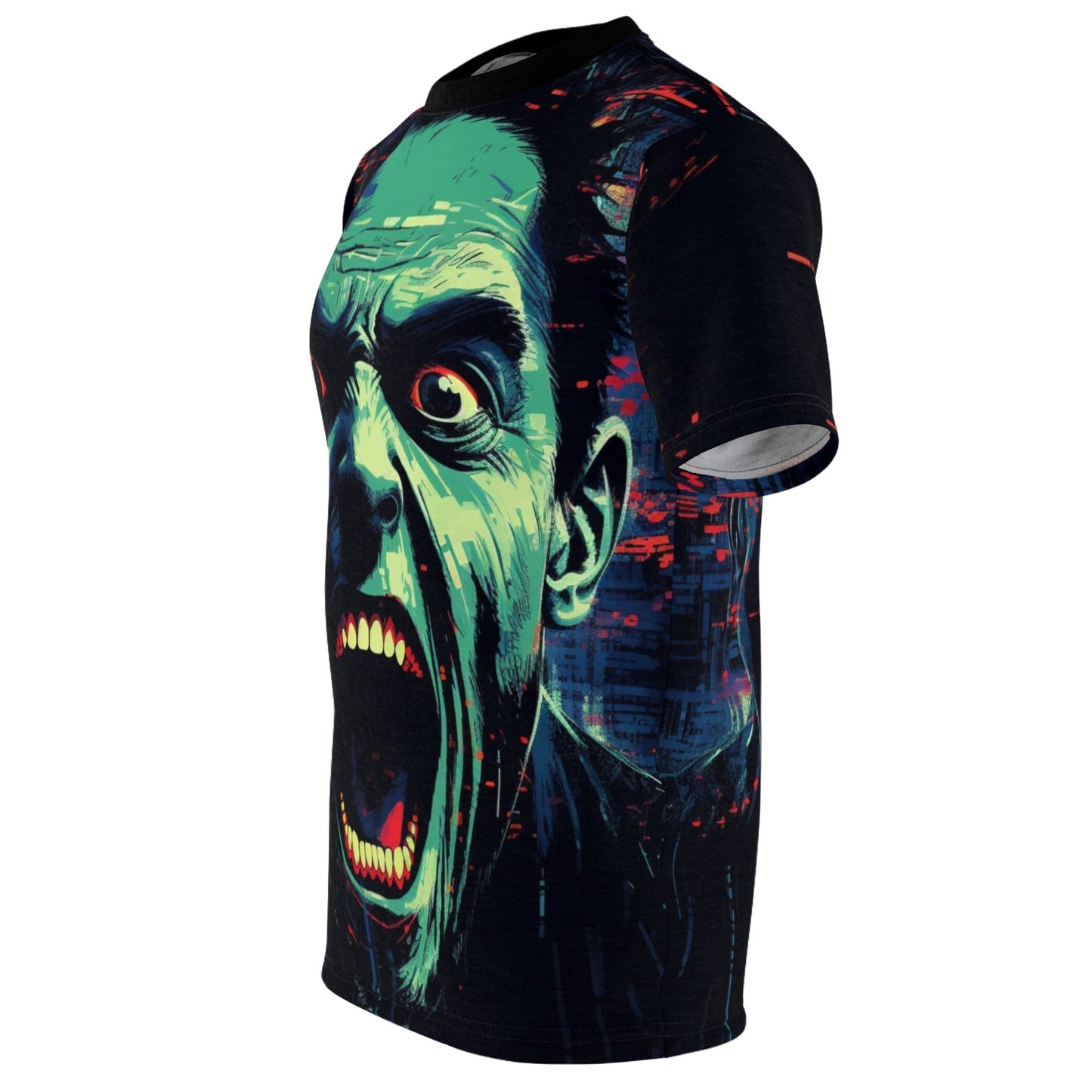 Side view of a Halloween 'Terror' All Over Print Graphic T-shirt featuring a vampire with red eyes, wide and unyielding, and mouth open, hinting at unspeakable horrors.