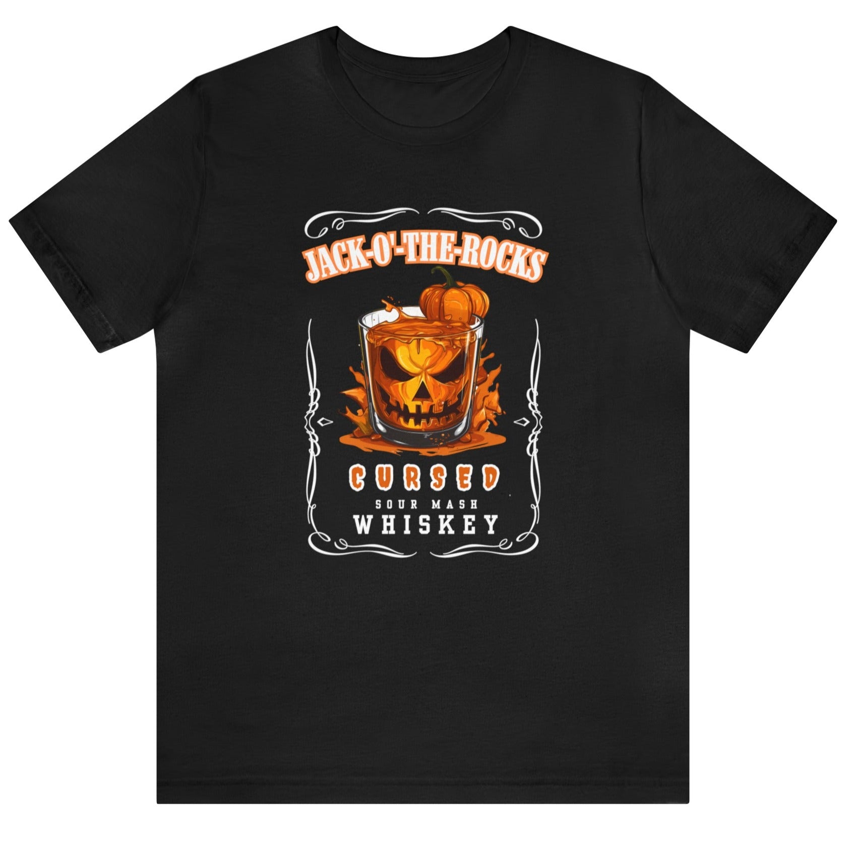 Black Halloween Jack Whiskey Label Tshirt with Jack-o-the-Rocks title over a jack-o-lantern submerged in a lowball glass with filled with whiskey. The bottom of the label reads "Cursed Sour Mash Whiskey."