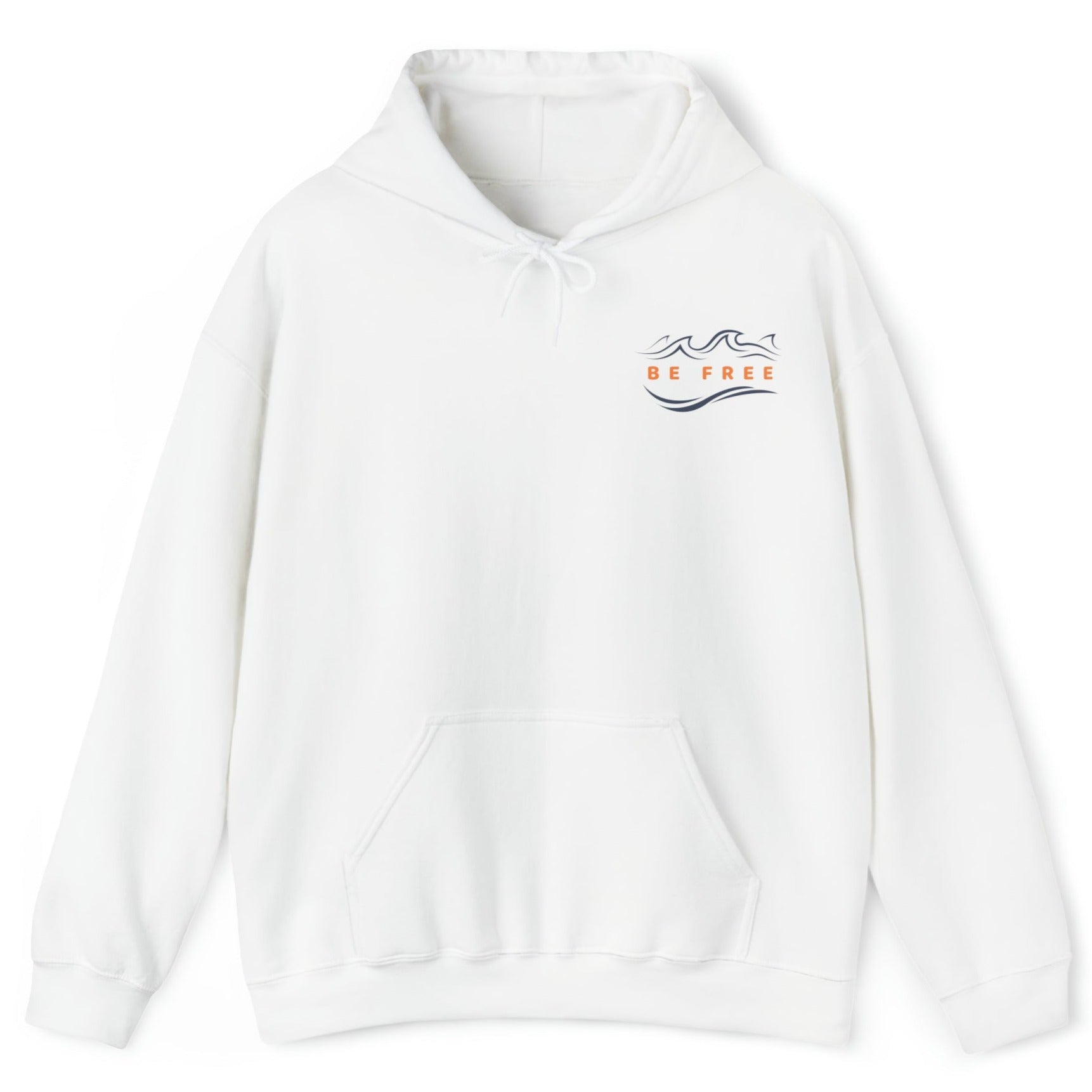 White 'Be Free' Ocean Waves Hoodie showing the front logo with an ocean wave above the words 'Be Free' in an orange hue that matches the hoodie's full back graphic.