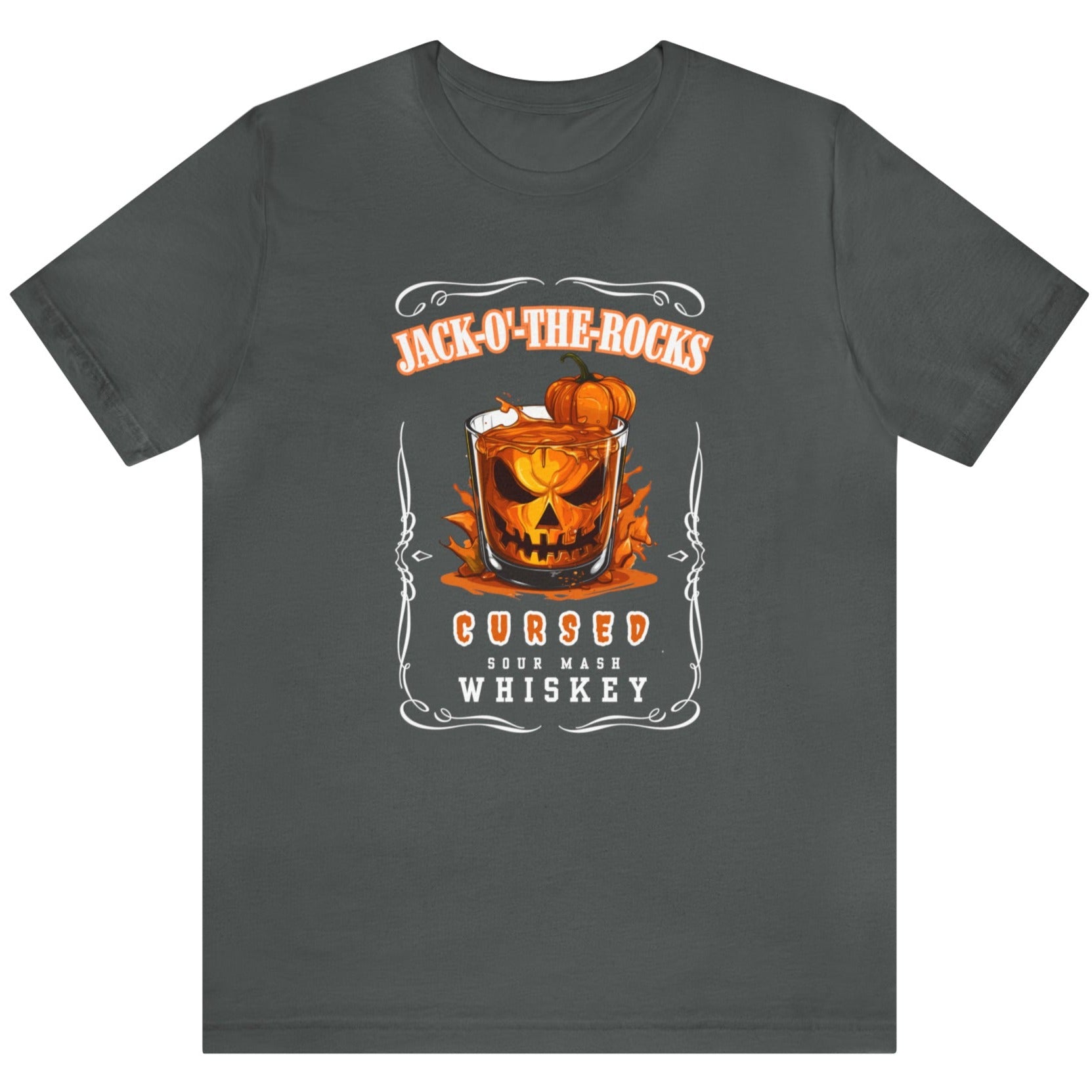 Dark Grey Halloween Jack Whiskey Label Tshirt with Jack-o-the-Rocks title over a jack-o-lantern submerged in a lowball glass with filled with whiskey. The bottom of the label reads "Cursed Sour Mash Whiskey."