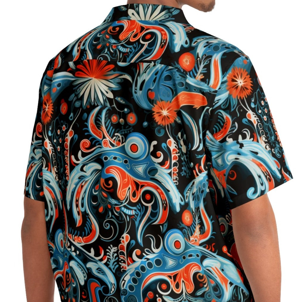 Back view of a man in our 'Nordic Bloom' Hawaiian shirt that combines Nordic vibes with a tropical Hawaiian flair! This unique print features a blend of orange and light blue oceanic patterns against a black background.