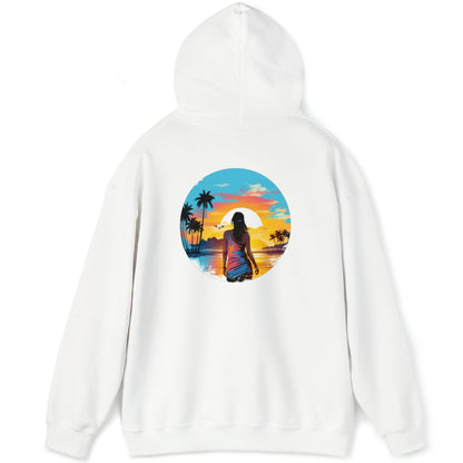 Back view of our white 'Be Free' Beach Sunset Hoodie showing a graphic of a woman gazing out over a tranquil sunset at the water's edge. In the distance, palm trees and majestic mountains create a breathtaking backdrop. Perfect casual wear for a cool day on the beach, hiking, or everyday activities.