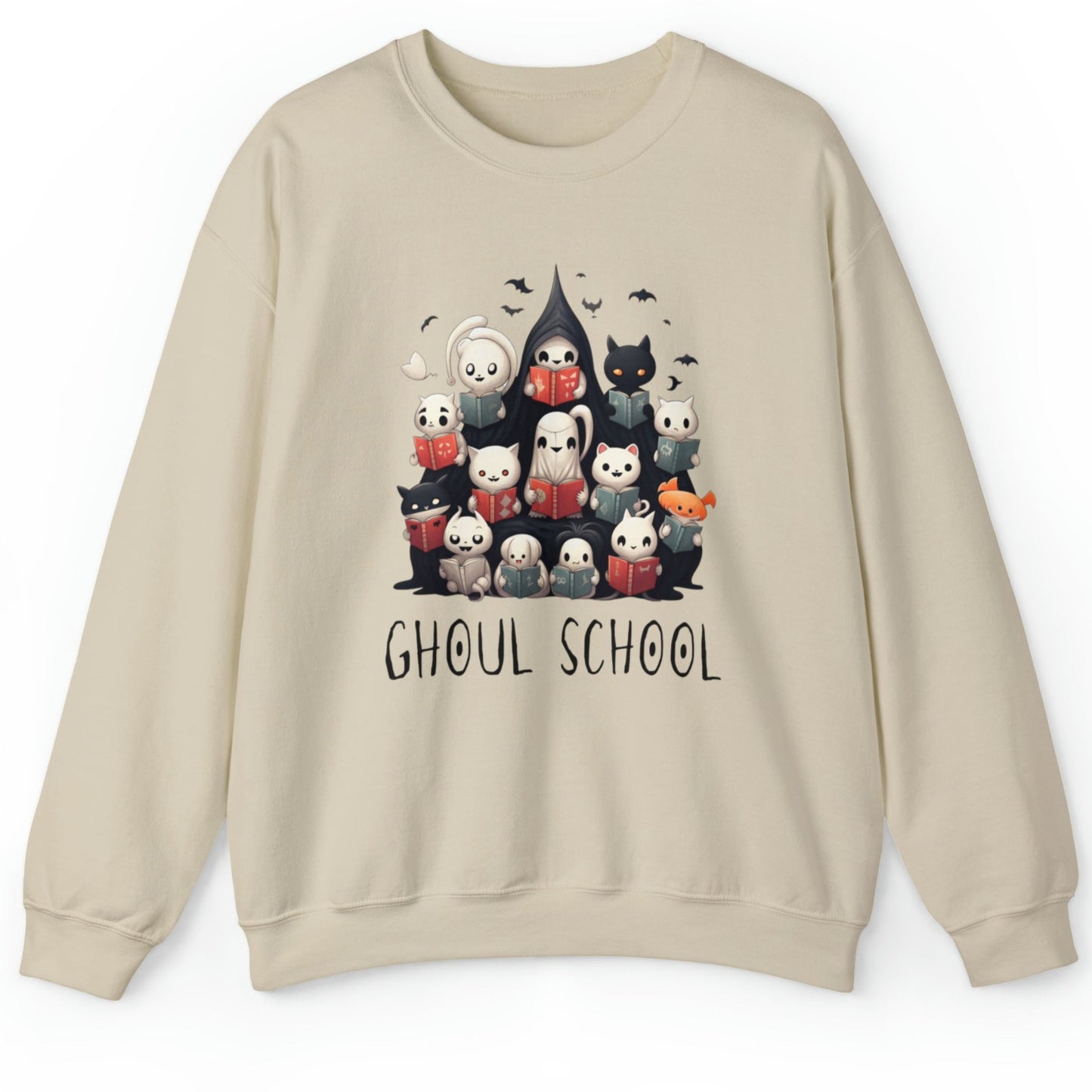 Sand color Halloween 'Ghoul School' ghost sweatshirt. The graphic showcases a group of cute, stylish ghosts reading books, which creates a spooky classroom scene. The words 'Ghoul School' in a spooky font complete the look. Perfect for teachers, librarians, educators, students, and ghost lovers.