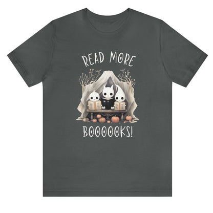 Asphalt Halloween "Read More Boooooks!" tee with a trio of ghosts engrossed in books. Perfect for teachers, librarians, school staff, students, or anyone looking for classroom fun.