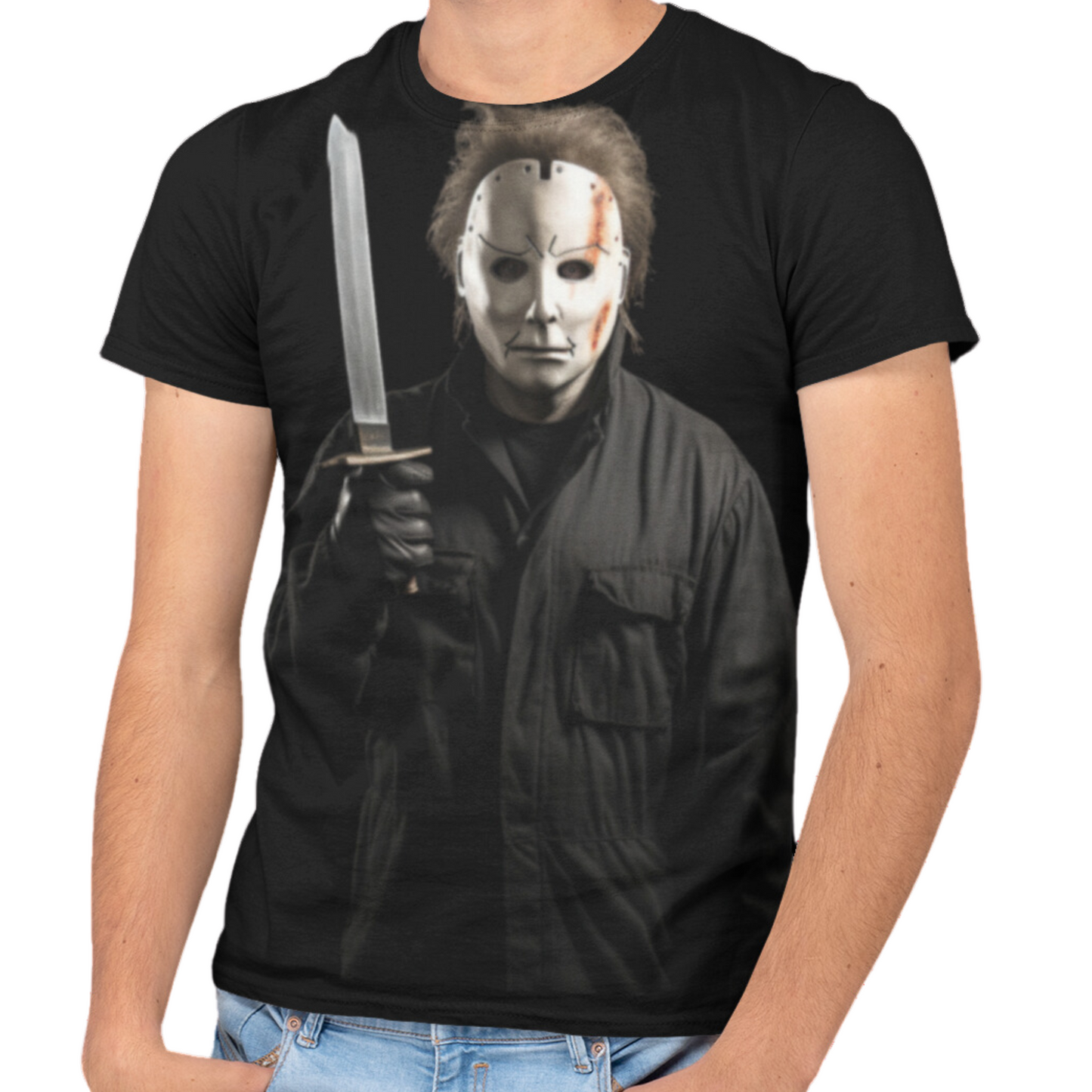 Man in our black Halloween Hockey Mask 'Slay' all-over-print T-shirt! Chilling graphic showcases a man in all black, his identity concealed behind the iconic hockey mask, and a gleaming long-bladed knife gripped firmly in hand. Must have for horror lovers and anyone who wants a trendy Halloween tee.