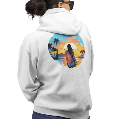 Back view of our 'Be Free' Beach Sunset Hoodie showing a graphic of a woman gazing out over a tranquil sunset at the water's edge. In the distance, palm trees and majestic mountains create a breathtaking backdrop. Perfect casual wear for a cool day on the beach, hiking, or everyday activities.