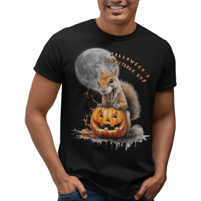 Man wearing our 'Halloween's Inevitable End' Squirrel Feast graphic tee featuring a squirrel feasting on a jack-o'-lantern under the moon. It will bring a smile to anyone who sees it. Wear it Halloween parties or in the aftermath of Halloween.