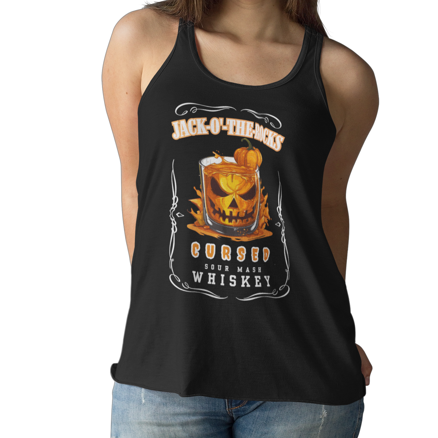 Black Halloween Jack Whiskey Label Tank with Jack-o-the-Rocks title over a jack-o-lantern submerged in a lowball glass with filled with whiskey. The bottom of the label reads "Cursed Sour Mash Whiskey."