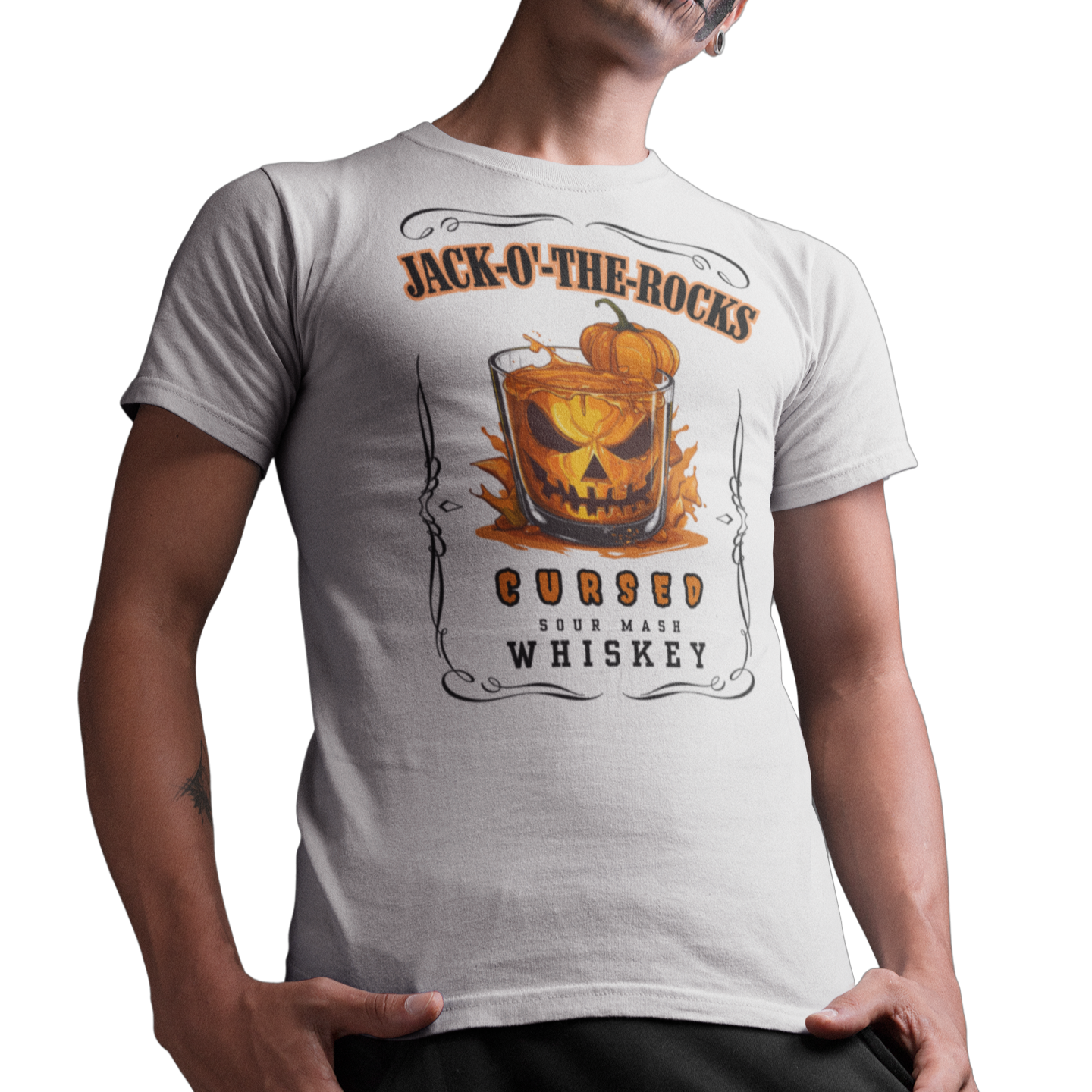 White Halloween Jack Whiskey Label Tshirt with Jack-o-the-Rocks title over a jack-o-lantern submerged in a lowball glass with filled with whiskey. The bottom of the label reads "Cursed Sour Mash Whiskey."