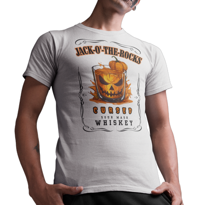 White Halloween Jack Whiskey Label Tshirt with Jack-o-the-Rocks title over a jack-o-lantern submerged in a lowball glass with filled with whiskey. The bottom of the label reads "Cursed Sour Mash Whiskey."