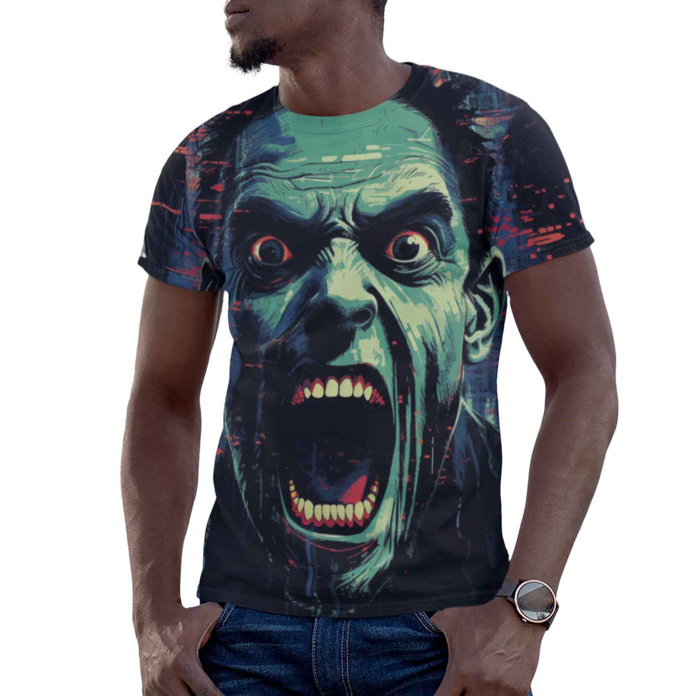 Front view of a Halloween 'Terror' All Over Print Graphic T-shirt featuring a vampire with red eyes, wide and unyielding, and mouth open, hinting at unspeakable horrors.