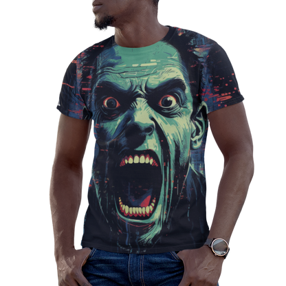 Front view of a Halloween 'Terror' All Over Print Graphic T-shirt featuring a vampire with red eyes, wide and unyielding, and mouth open, hinting at unspeakable horrors.